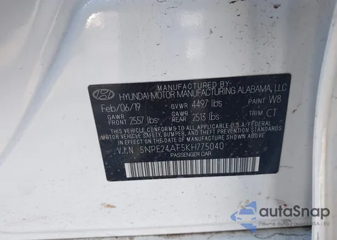 2019 Hyundai Sonata Se from USA, damaged, VIN 5NPE24AF5KH775040